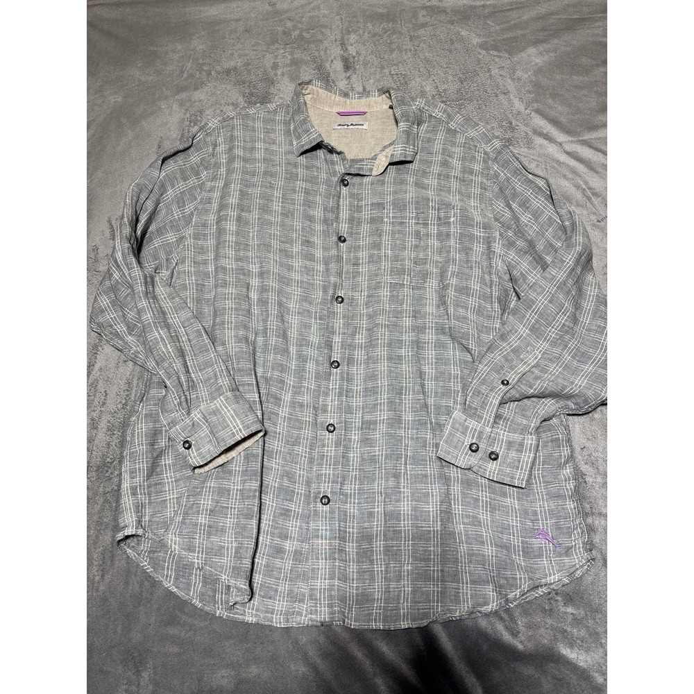 Tommy Bahama Mens 2XLB Gray Linen Plaid Long Sleeve Button Front Casual Shirt